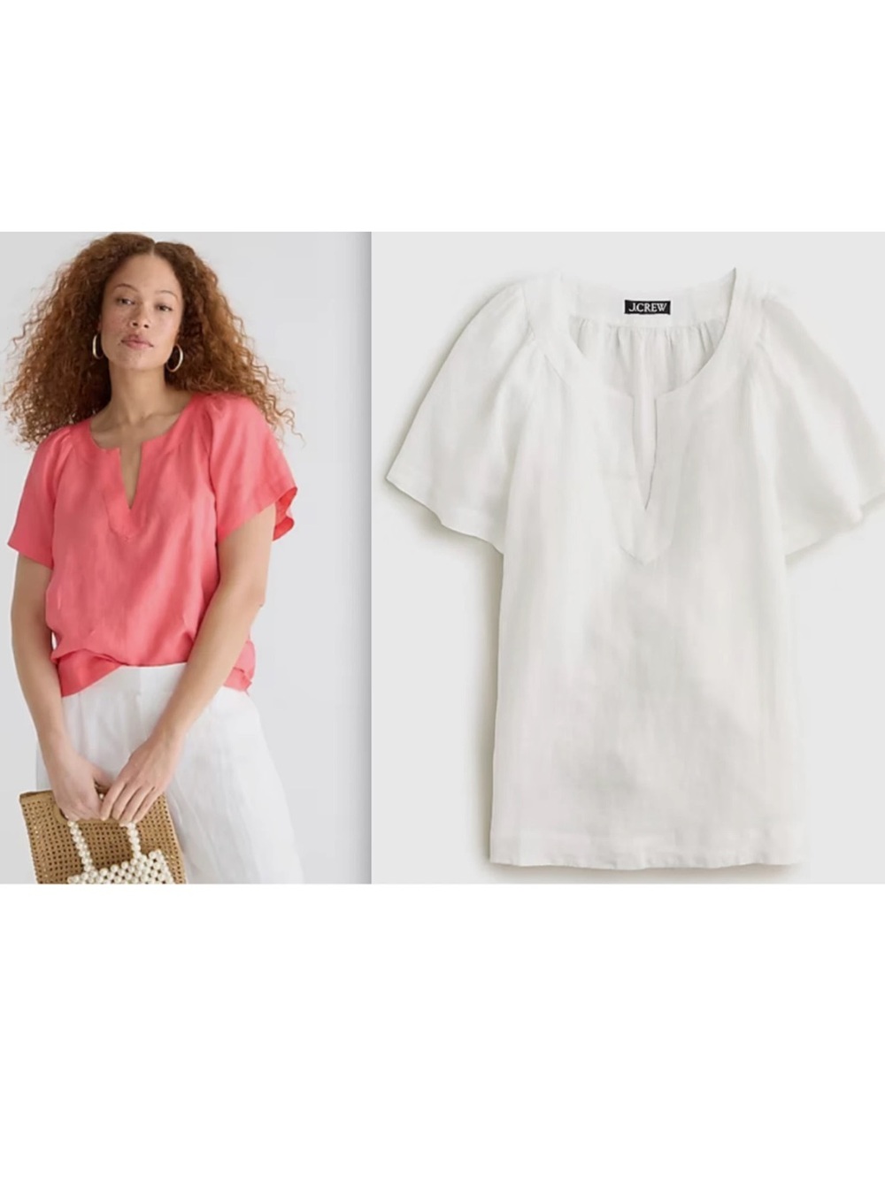 J. Crew Split-Neck White Linen Flutter Sleeve Top XS